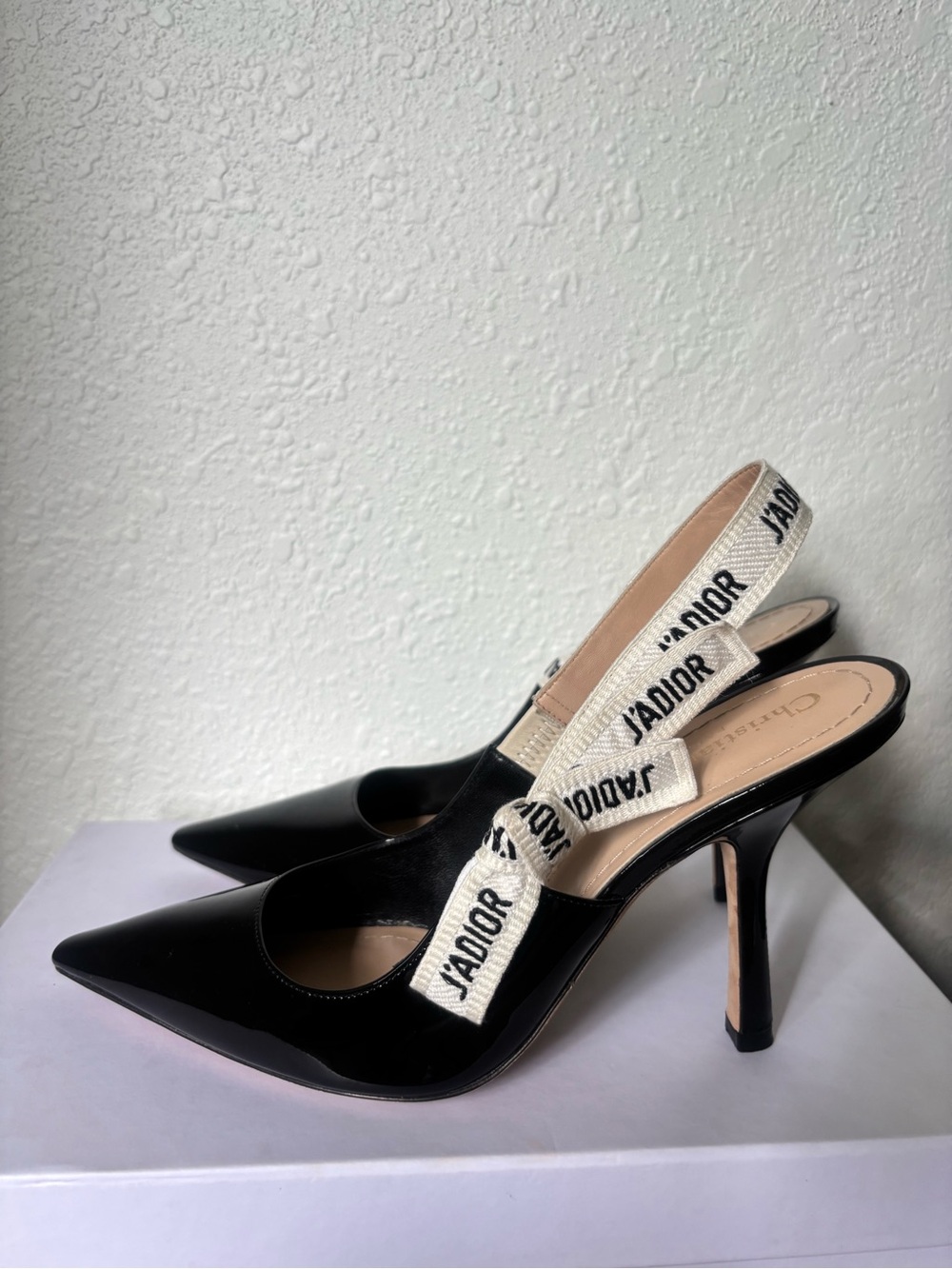 Dior Black Patent Pointed-Toe Slingback Heels with Cream Logo Strap